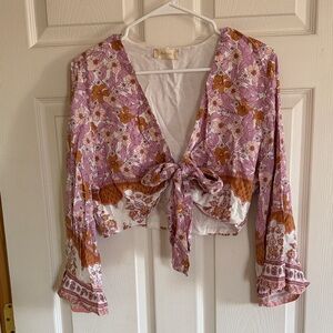 Altar'd State Floral Tie-Front Blouse - Pink and Brown